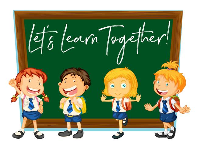 Word expression for let's learn together with happy students vector