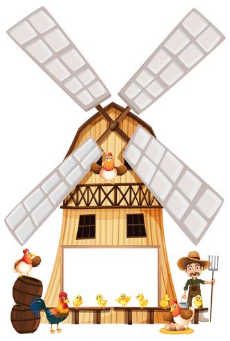 Farmer and chickens on windmill vector