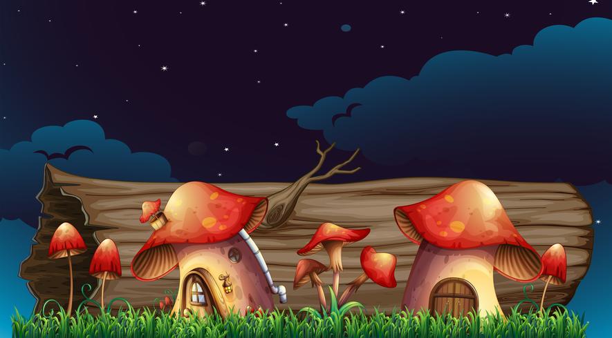 Casas de setas en el jardín por la noche. vector