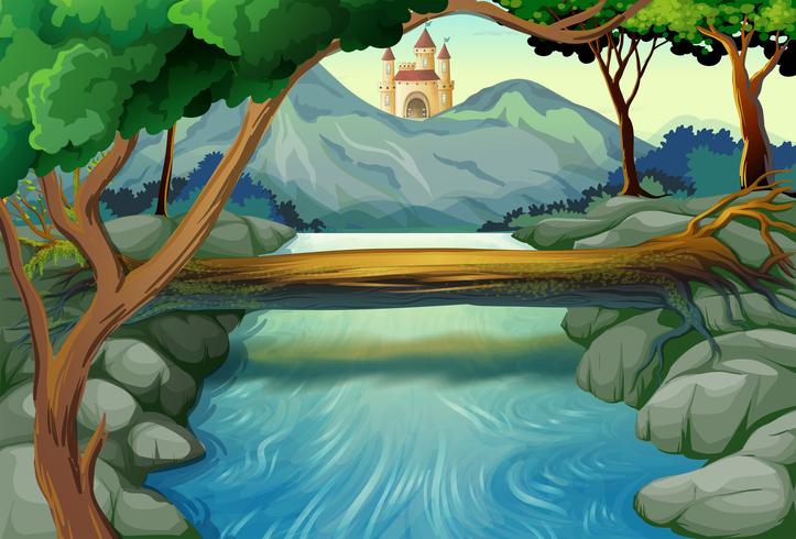 Escena con torres de río y castillo. vector