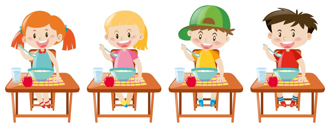 Four little kids having breakfast vector