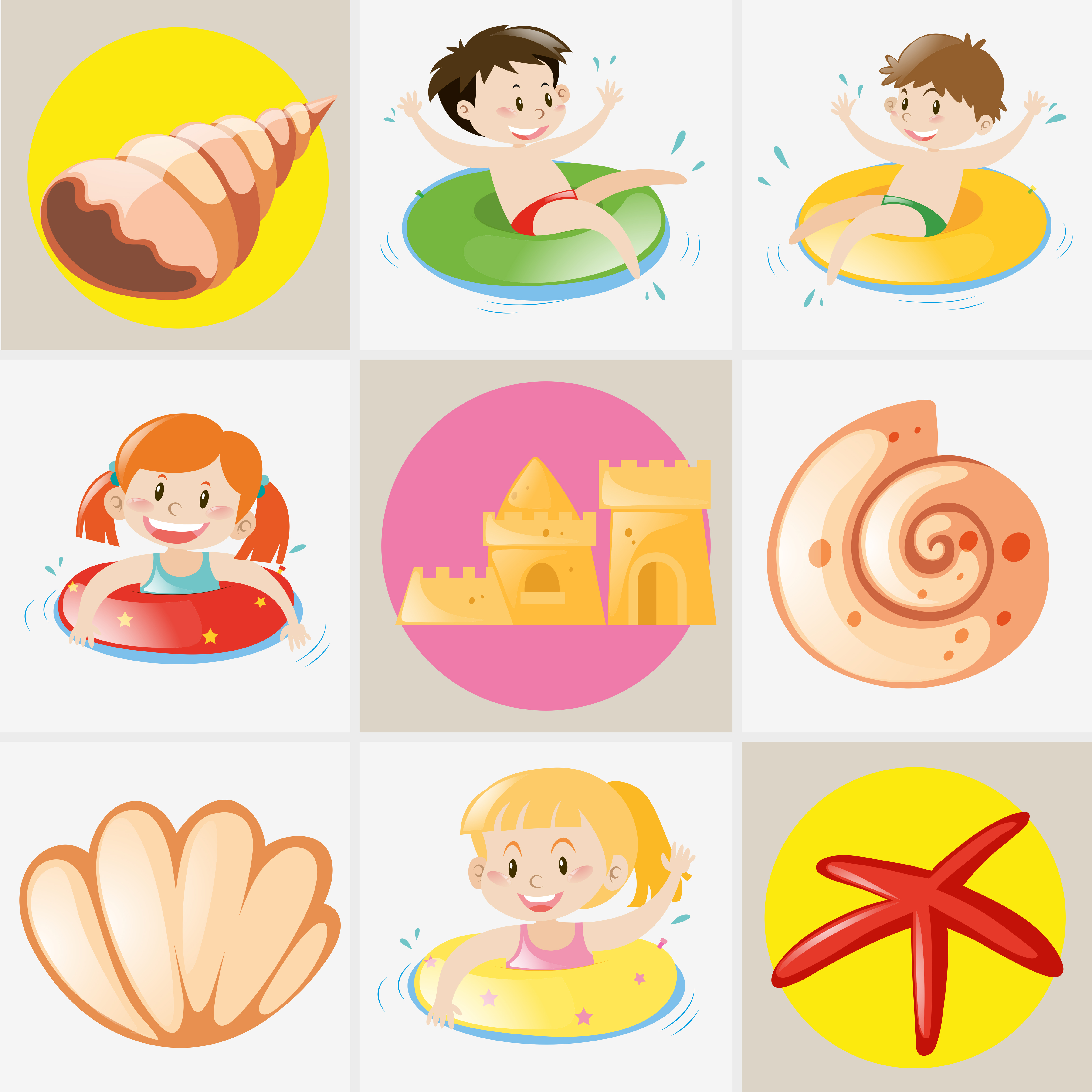 Download Summer theme with kids and seashells 368834 Vector Art at Vecteezy