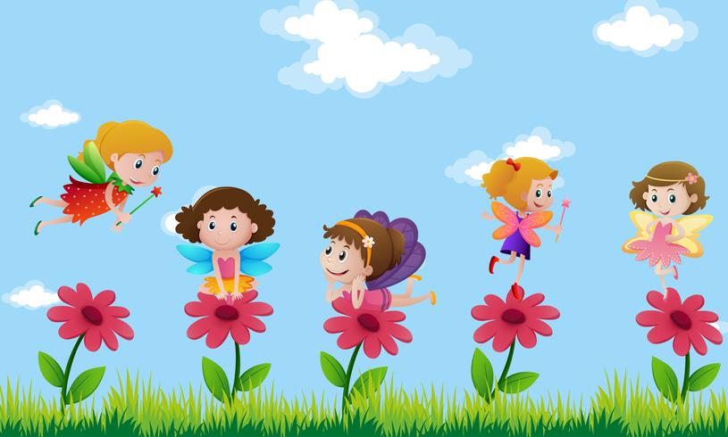 Fairies flying in flower garden vector