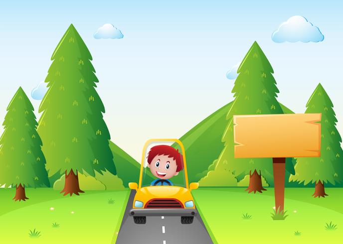 Boy driving yellow car on the road vector