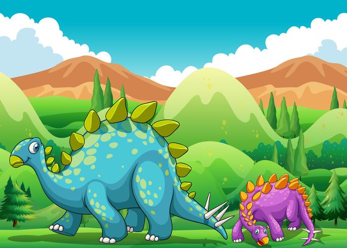 Cute dinosaurs walking in the field vector