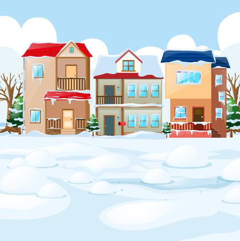 Escena de pueblo con nieve en las casas. vector