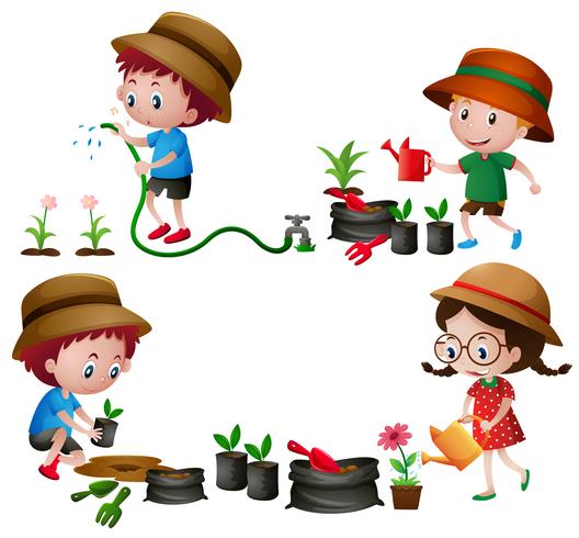 Four kids watering and planting trees vector