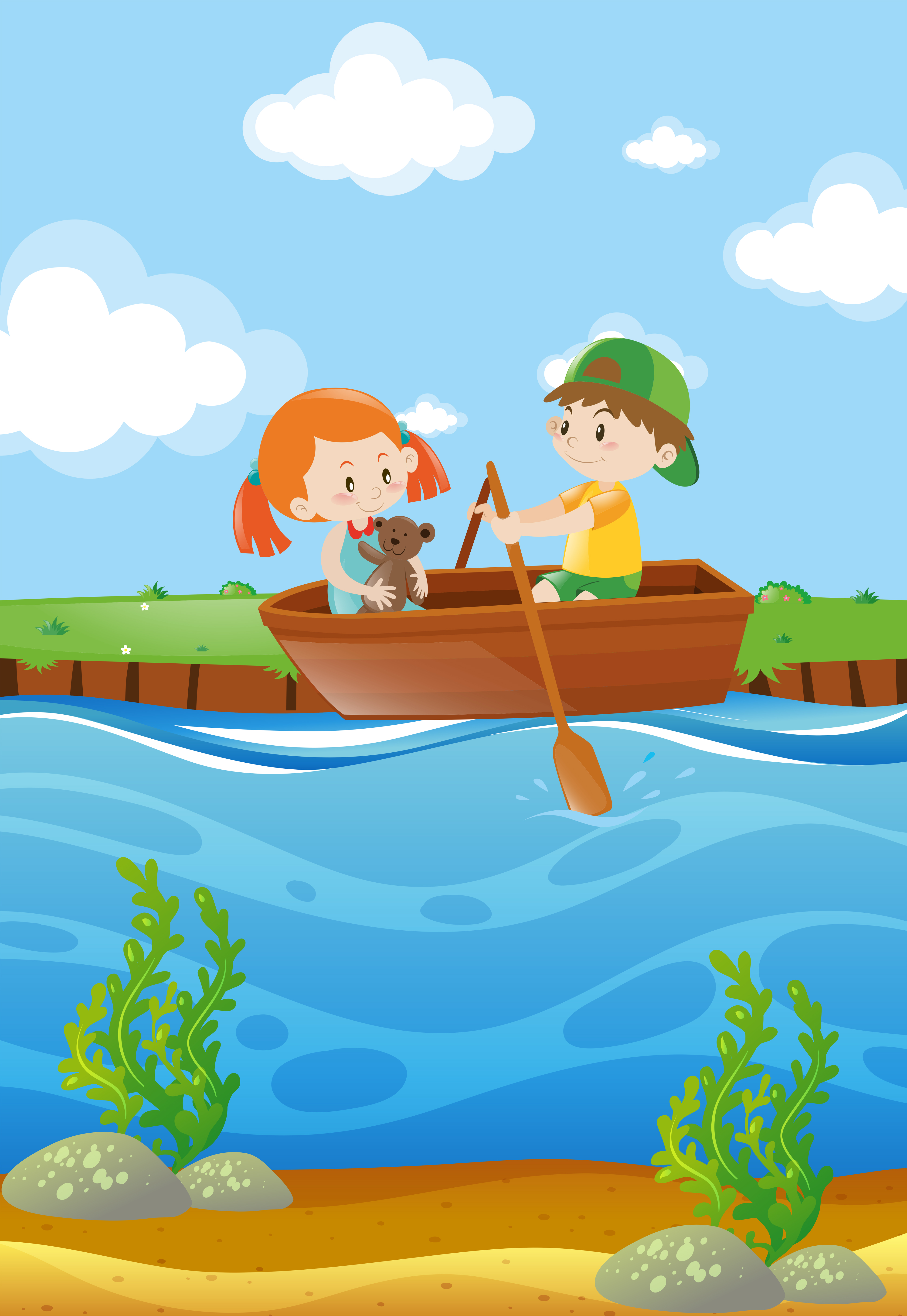 Two Kids Row Boat In River 368914 Vector Art At Vecteezy