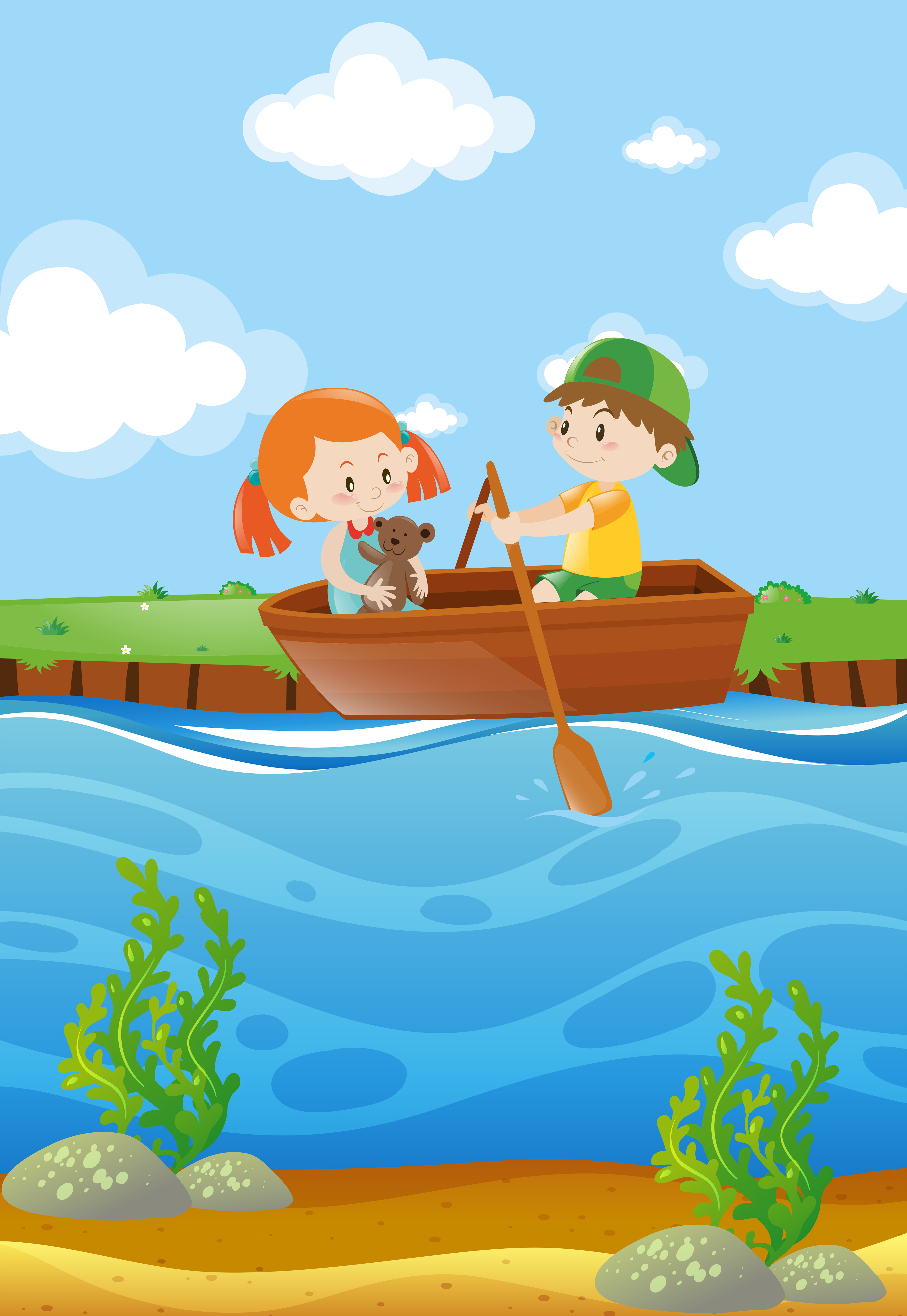 Two kids row boat in river 368914 Vector Art at Vecteezy