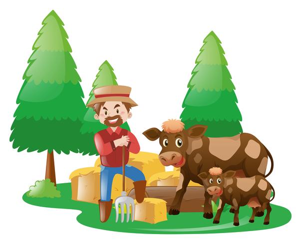 Farmer and cows in the farm vector
