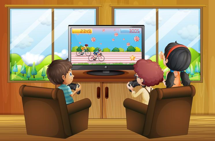 Three kids playing vdo games in room vector