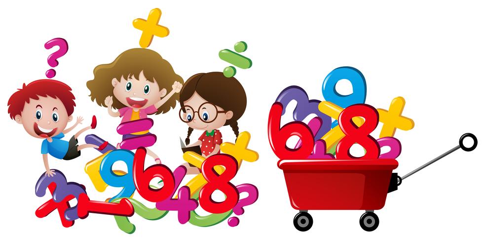 Kids and numbers in red wagon vector