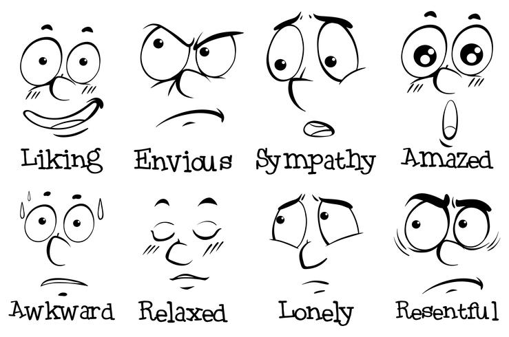 Diferentes expresiones en rostro humano con palabras. vector