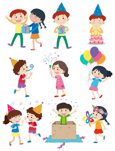 Niños haciendo diferentes actividades en la fiesta. vector