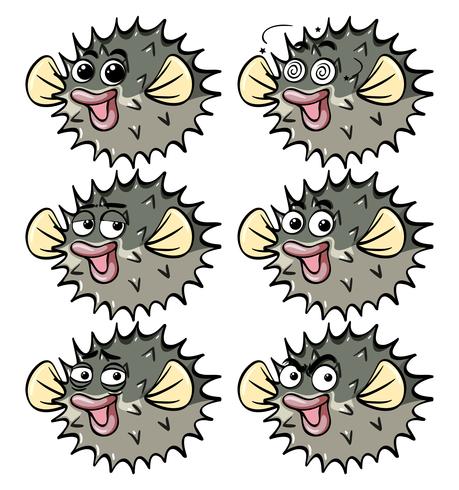 Puffer fish with different facial emotions vector