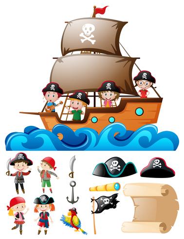 Pirate set with kids on ship and other elements vector