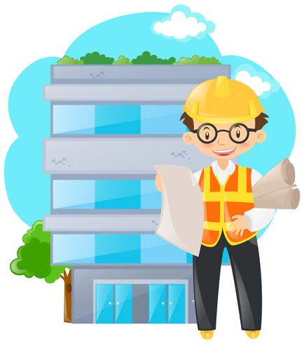 Engineer holding papers in front of building vector