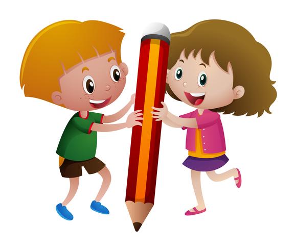 Boy and girl holding big pencil vector