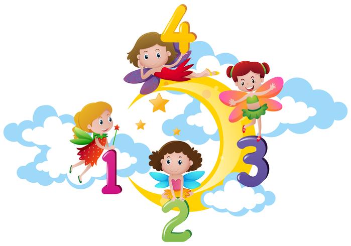 Four fairies counting numbers on the moon vector