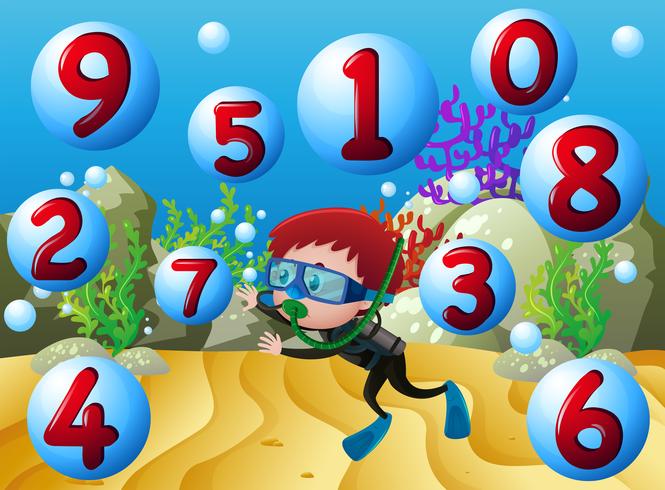 Counting numbers with boy diving underwater vector