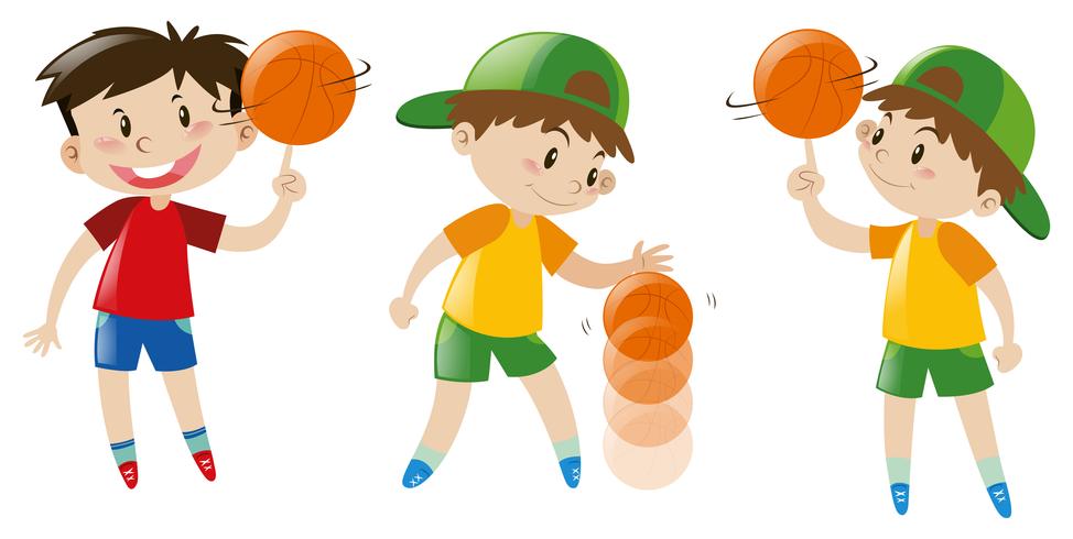 Tres niños jugando baloncesto vector