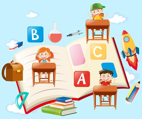 Children and school objects in blue sky vector