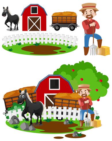 Agricultores y caballos en la granja. vector