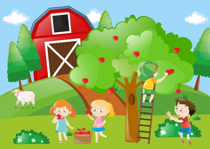 Niños recogiendo las manzanas del árbol. vector