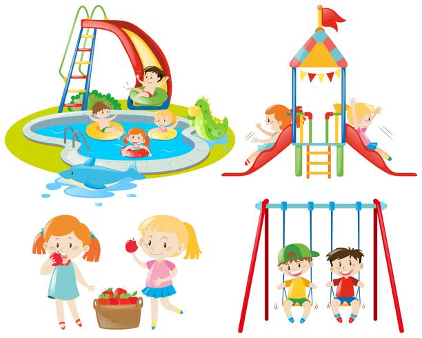Many kids playing at the playground and in the pool vector