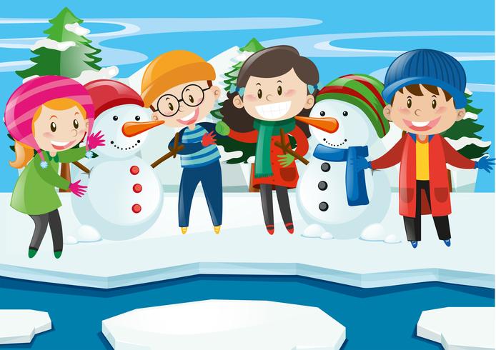 Happy children with snowman in winter vector