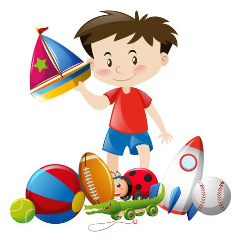 Boy playing with many toys vector