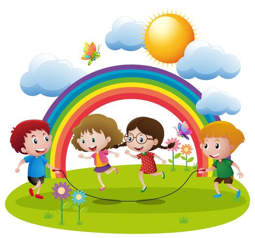 Four kids jumping rope in the garden vector