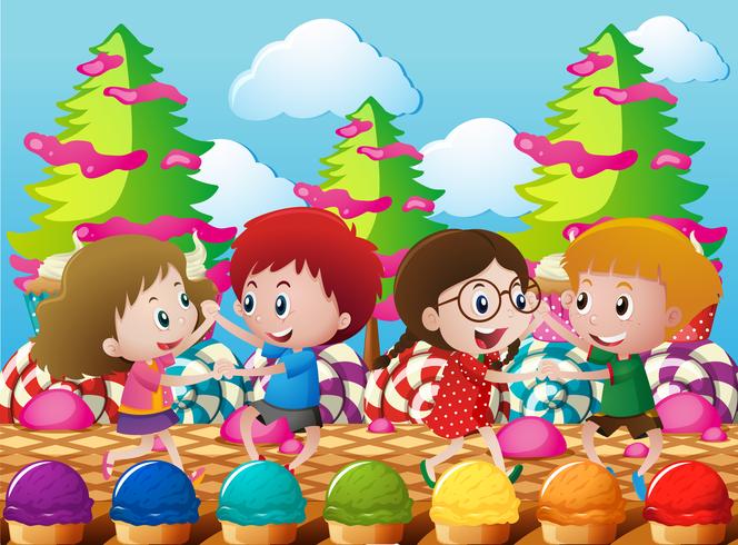 Kids dancing in the candyland vector