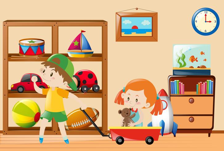 Niños jugando con juguetes en la habitación. vector