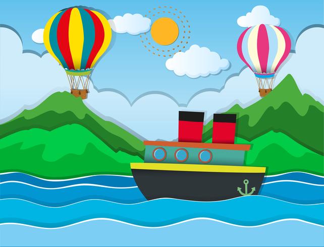 Ship sailing in the sea and balloons flying in sky vector