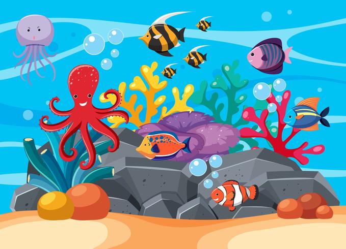 Escena submarina con muchos animales marinos. vector