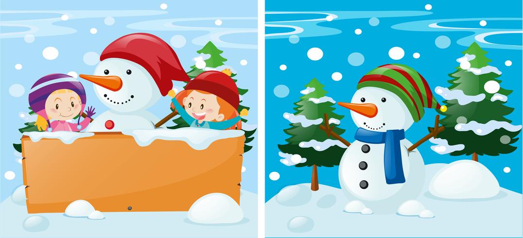 Dos escenas con niños y muñeco de nieve. vector