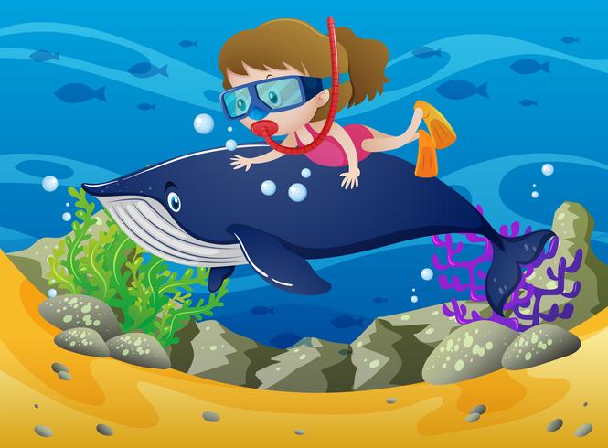Girl diving with whale under the sea vector