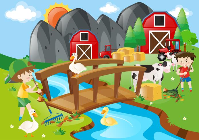 Two boys and many animals in the farm vector