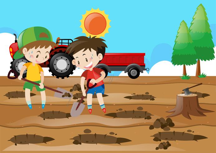 Two boys digging holes on the ground vector