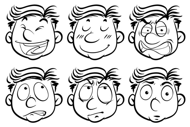 Hombre con seis expresiones faciales diferentes. vector