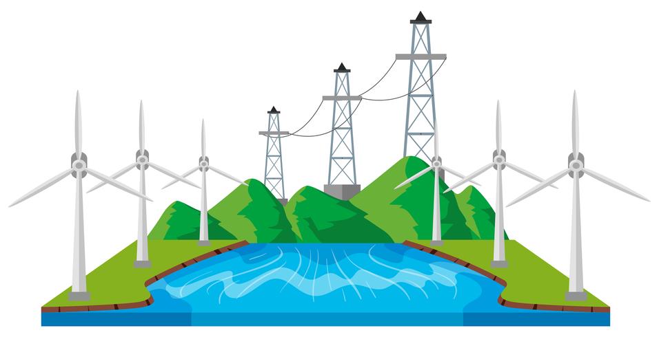 Molinos de viento y líneas eléctricas por el río. vector