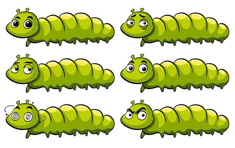 Green caterpillar with different emotions vector