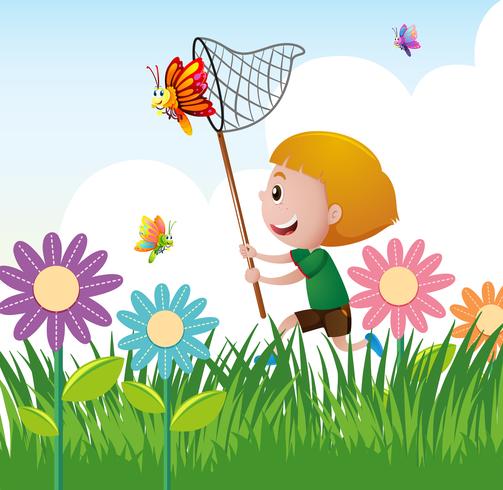 Boy catching butterfly in the garden vector