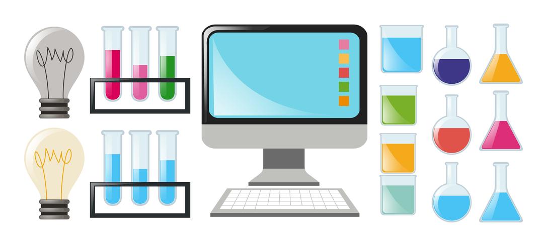 Science set with beakers and computer vector