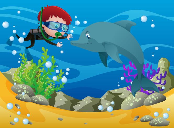 Niño buceando con delfines bajo el agua. vector