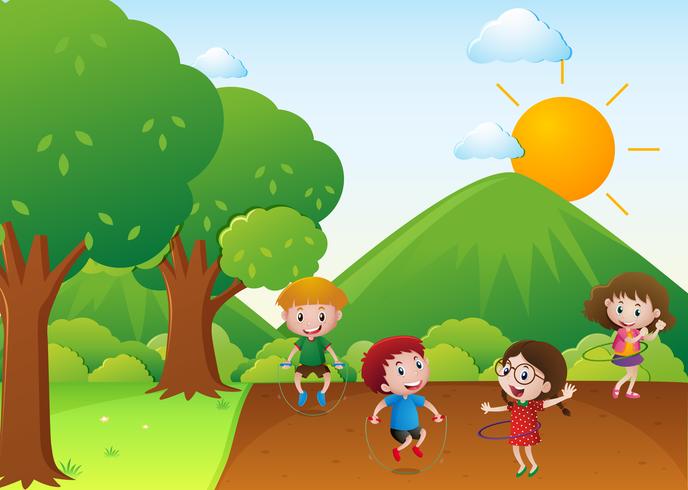 Four kids exercise in the park vector