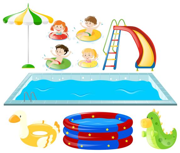 Set with swimming pool and kids swimming vector