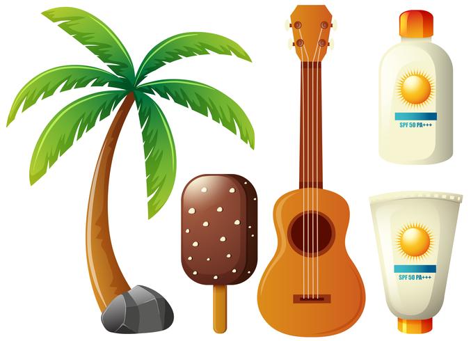 Summer set with coconut tree and guitar vector