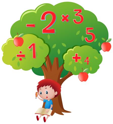 Chico calculando numeros bajo arbol grande vector